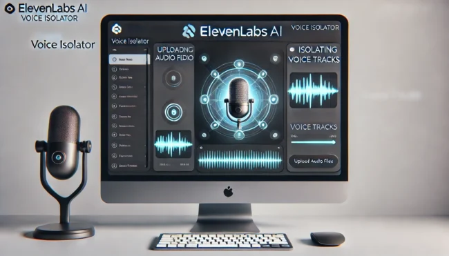 A sleek computer screen displaying the ElevenLabs AI voice isolator interface, with highlighted options for uploading audio files and isolating voice