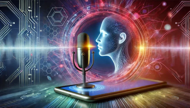 A futuristic representation of a human-like voice emerging from a sleek, modern device, symbolizing advanced speech synthesis technology.