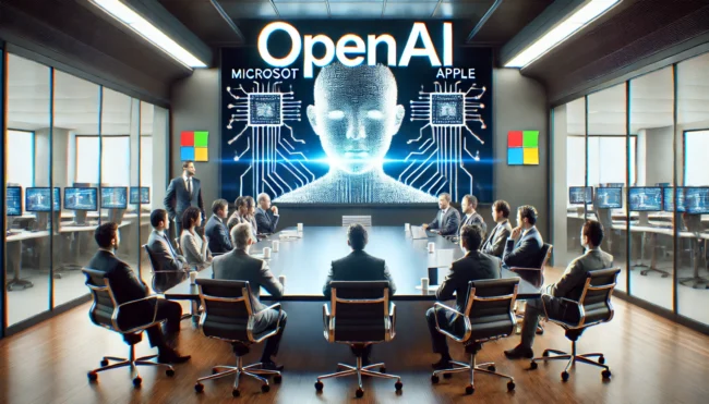 A meeting room with representatives from Microsoft and Apple discussing AI strategies, with the OpenAI logo displayed prominently on a screen.